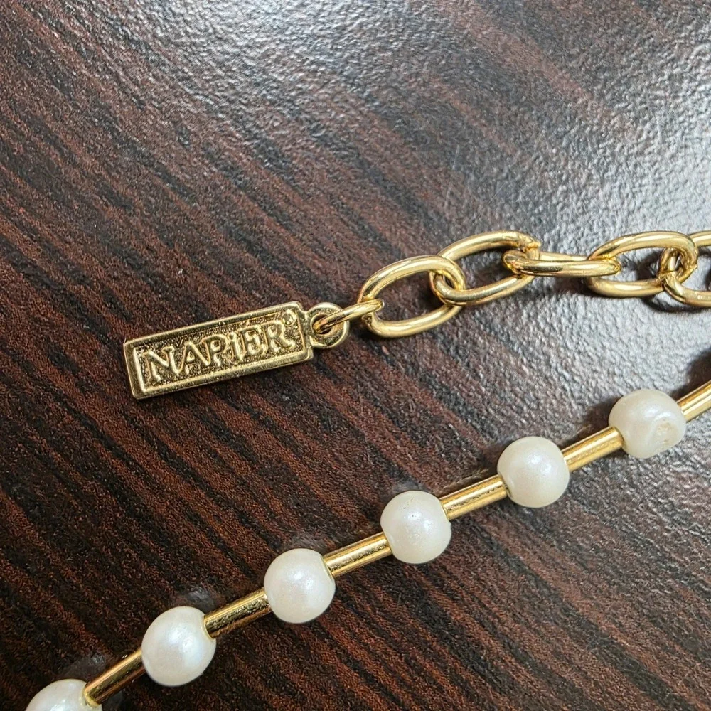 Napier Gold Tone Faux Pearl Bar Link Necklace 17 Inch Adjustable Clasp
